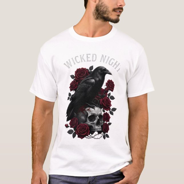 Wicked Night Raven & Skull Gothic Halloween T-Shir T-Shirt (Front)