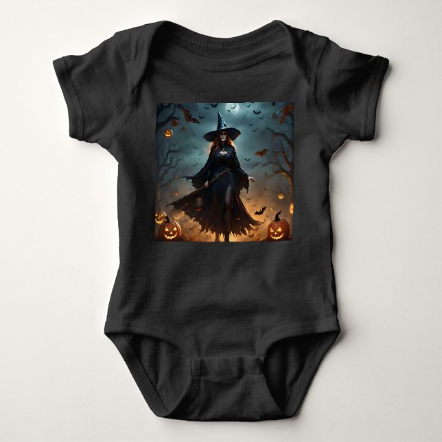 "Wicked Night: Scary Halloween Witch and Her Bats" Baby Bodysuit (Front)