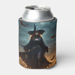 "Wicked Night: Scary Halloween Witch and Her Bats" Can Cooler