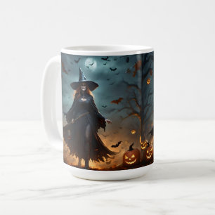 "Wicked Night: Scary Halloween Witch and Her Bats" Coffee Mug