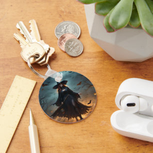 "Wicked Night: Scary Halloween Witch and Her Bats" Key Ring