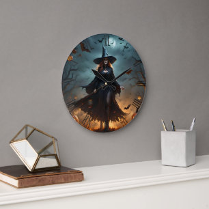 "Wicked Night: Scary Halloween Witch and Her Bats" Large Clock