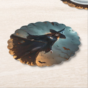 "Wicked Night: Scary Halloween Witch and Her Bats" Paper Coaster