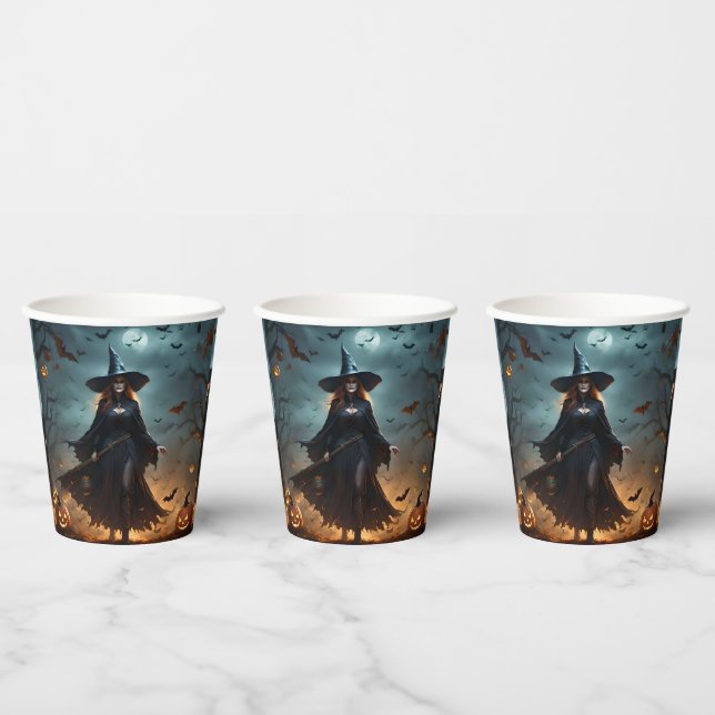 "Wicked Night: Scary Halloween Witch and Her Bats" Paper Cups (Multi)