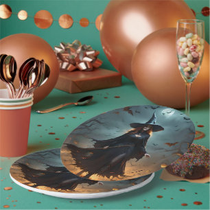 "Wicked Night: Scary Halloween Witch and Her Bats" Paper Plate
