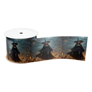 "Wicked Night: Scary Halloween Witch and Her Bats" Satin Ribbon