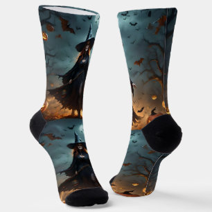 "Wicked Night: Scary Halloween Witch and Her Bats" Socks