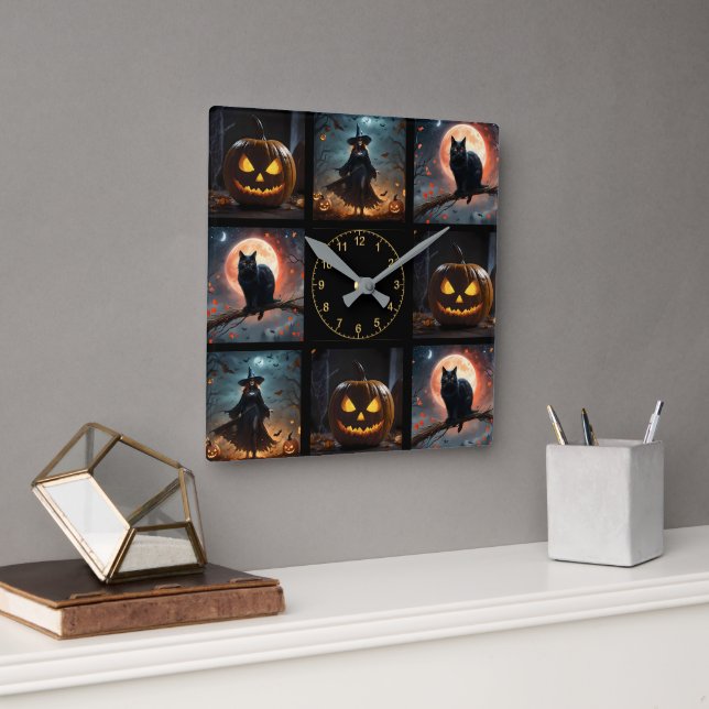 "Wicked Night: Scary Halloween Witch and Her Bats" Square Wall Clock (Office)