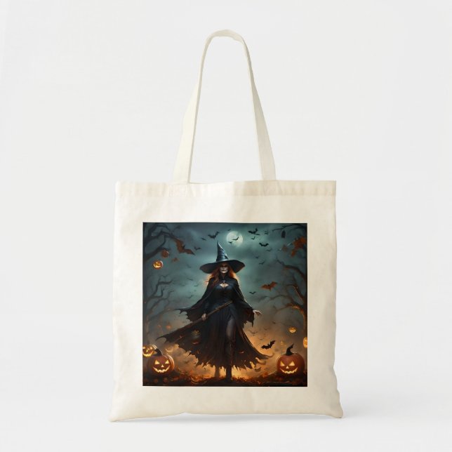 "Wicked Night: Scary Halloween Witch and Her Bats" Tote Bag (Front)