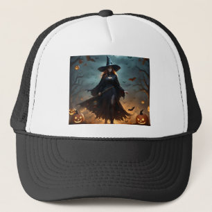 "Wicked Night: Scary Halloween Witch and Her Bats" Trucker Hat