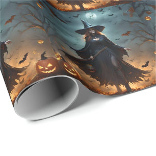 "Wicked Night: Scary Halloween Witch and Her Bats" Wrapping Paper