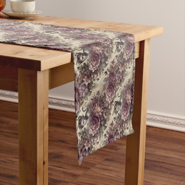 Wicked Plum Petals – Gothic Floral Design Short Table Runner (In Situ)