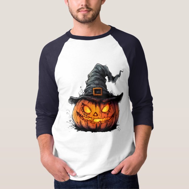 Wicked Pumpkin Witch Hat Halloween T-Shirt (Front)