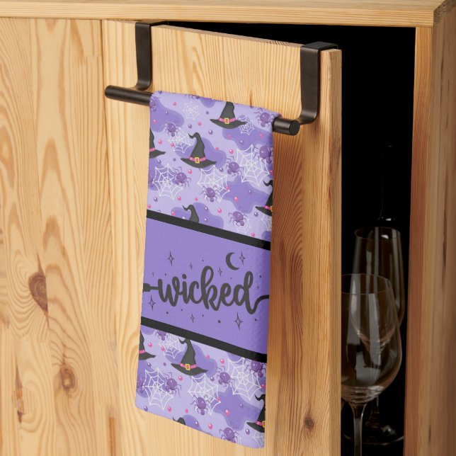 Wicked - Purple - Black Witches Hats And Spiders Tea Towel (Thirds Fold)