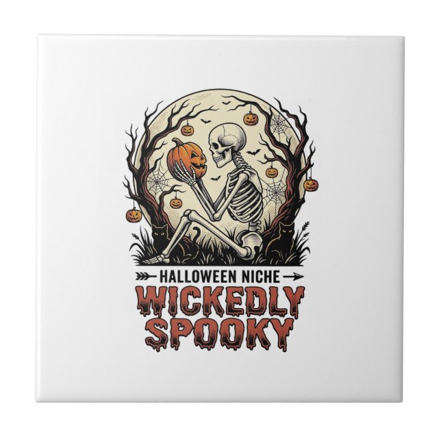 Wicked Skeleton Halloween Vintage Engraving Design Ceramic Tile (Front)