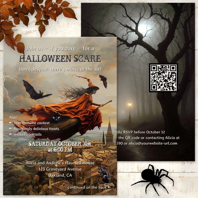 Wicked Witch Adult Halloween Scare  Invitation (Halloween party invitation featuring a whimsical artistic image of a witch flying through the sky)