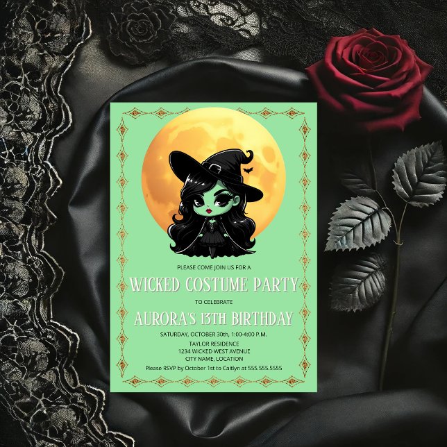Wicked Witch Costume Party Invitation (Cute wicked little green witch and moon party invitation front view.)