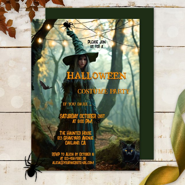 Wicked Witch Halloween Costume Party Invitation (Halloween costume party invitation featuring a wicked witch in a mysterious forest with a black cat)