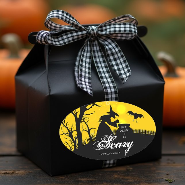 Wicked Witch Silhouette Halloween Oval Sticker (Wicked witch silhouette Halloween theme oval stickers, 4.5 x 2.7 inch (sheet of 4)  )