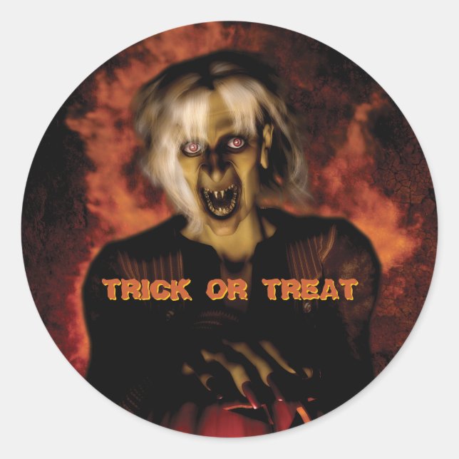 Wicked witch with pumpkin. Halloween Classic Round Sticker (Front)