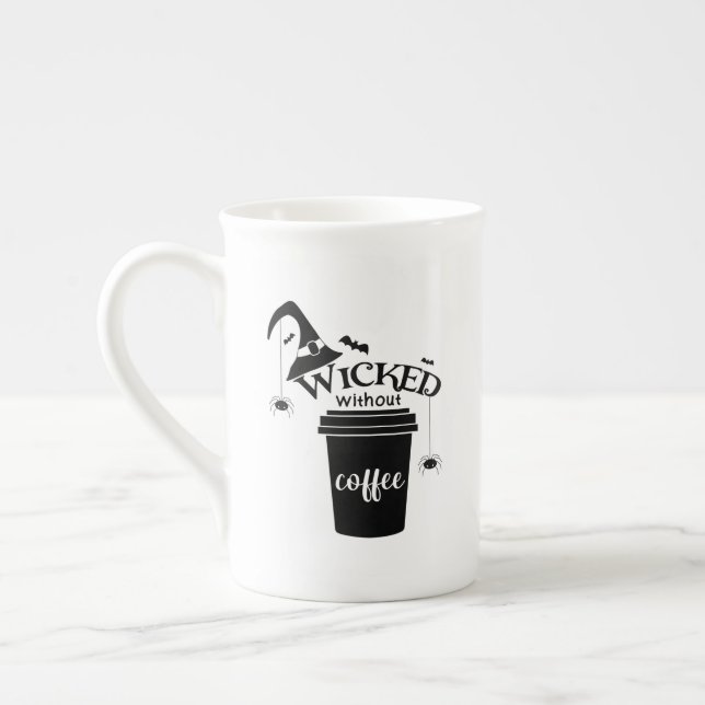 Wicked Without Coffee Cute Funny Black Witch Hat Bone China Mug (Left)