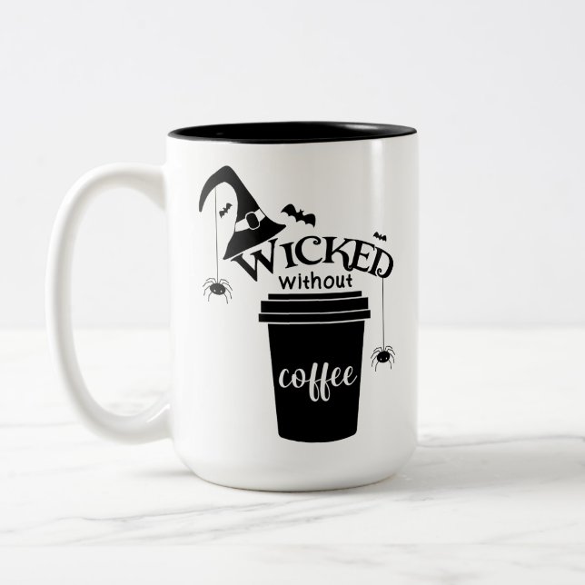 Wicked Without Coffee Cute Funny Black Witch Hat Two-Tone Coffee Mug (Left)