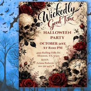 Wickedly Good Time Floral Skulls Halloween Party Invitation