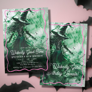 Wickedly Good Time Green Witch Drawing Birthday Invitation