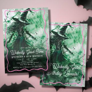 Wickedly Good Time Green Witch Drawing Birthday Invitation