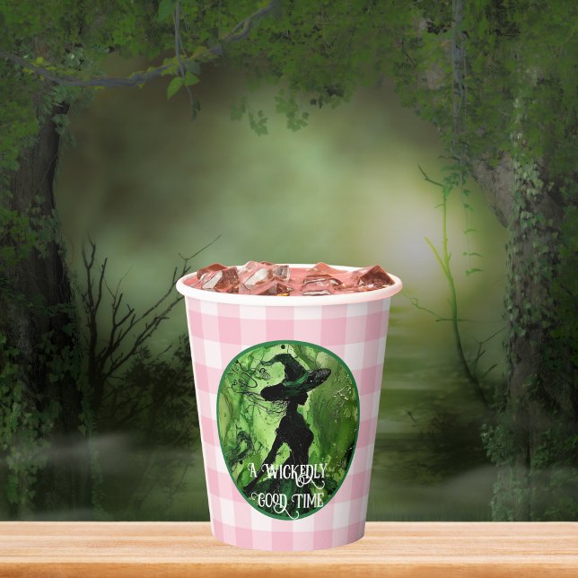Wickedly Good Witch Green & Pink Gingham Plaid Paper Cups (Creator Uploaded)