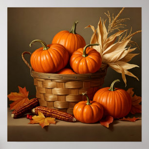 Wicker Basket and Pumpkin- Rustic Farmhouse Poster