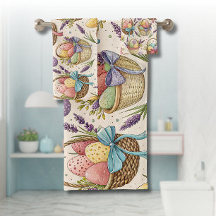 Wicker Basket Easter Eggs with Lavender Bath Towel Set
