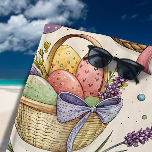 Wicker Basket Easter Eggs with Lavender Beach Towel