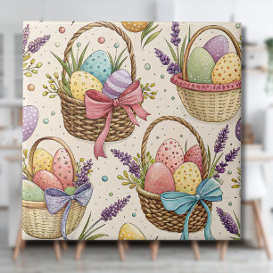 Wicker Basket Easter Eggs with Lavender Ceramic Tile