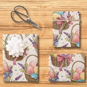 Wicker Basket Easter Eggs with Lavender Wrapping Paper Sheet