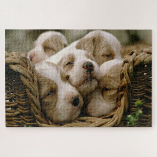 Wicker basket full of puppies sleeping jigsaw puzzle