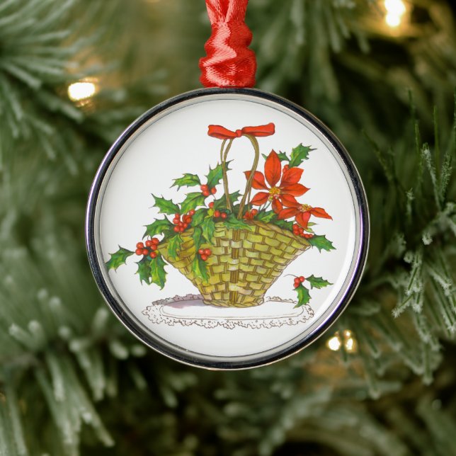 Wicker Basket of Poinsettias Metal Tree Decoration (Tree)