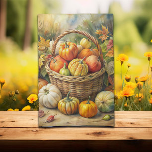 Wicker Basket with Pumpkins Fall Tea Towel