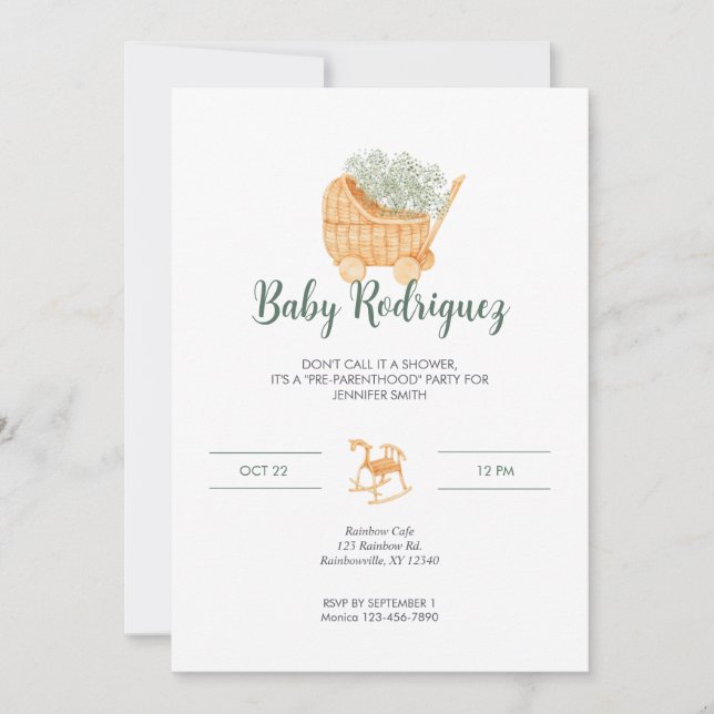 Wicker Carriage & Rocking Horse Baby - Sage Green Invitation (Front)