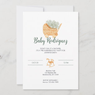 Wicker Carriage & Rocking Horse Baby - Sage Green Invitation