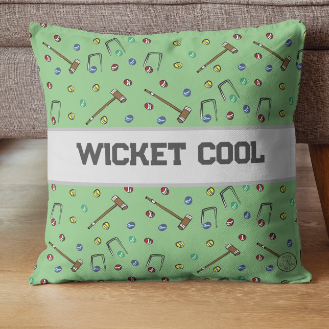 Wicket Cool Croquet Pun Hand-Illustrated Whimsical Cushion (Indulge in a blend of whimsy and sophistication as you relax in the company of 'Wicket Cool.')