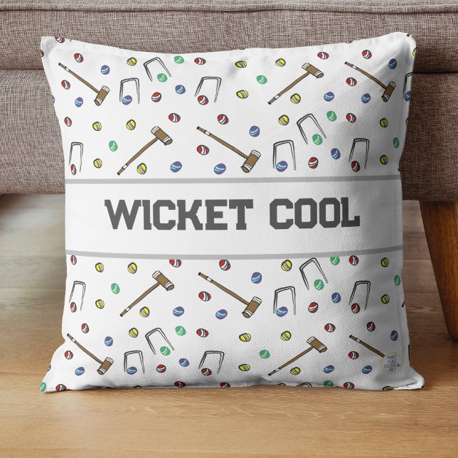 Wicket Cool Croquet Pun Hand-Illustrated Whimsical Cushion (Revel in whimsy and sophistication as you relax in the company of our unique 'Wicket Cool' pillow.)
