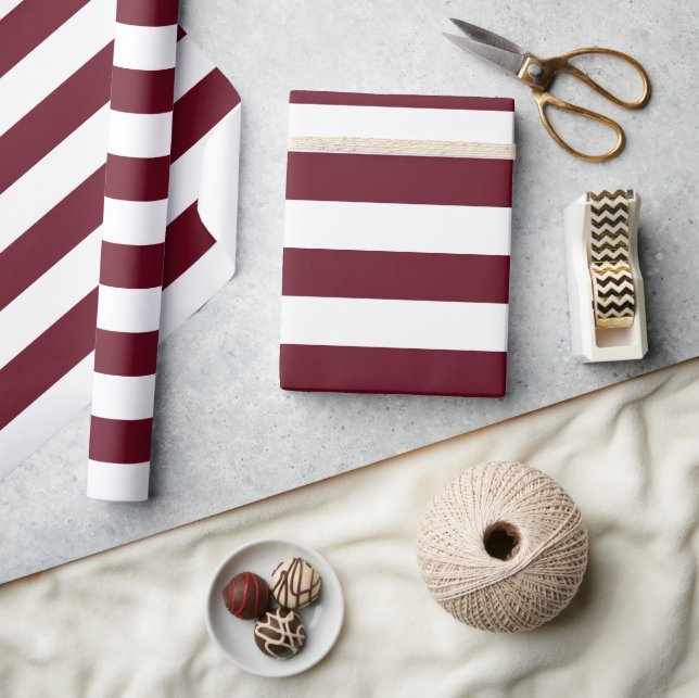 Wide Autumn Burgundy and White Striped Pattern Wrapping Paper (Crafts)