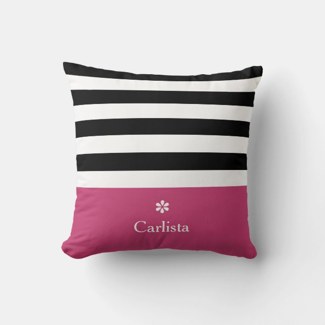 Wide Black Horizontal Stripes Dark Pink Name Daisy Cushion (Front)
