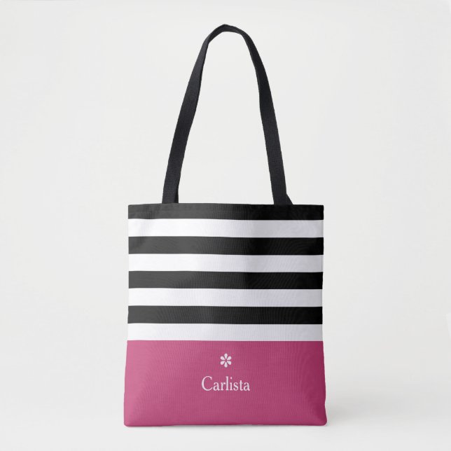Wide Black Horizontal Stripes Dark Pink Name Daisy Tote Bag (Front)