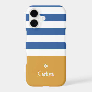 Wide Blue Horizontal Stripes Gold Name and Daisy
