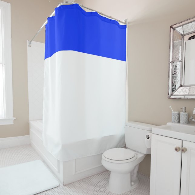 Wide Bright Blue Stripe Crisp White Colour Block Shower Curtain (In Situ)