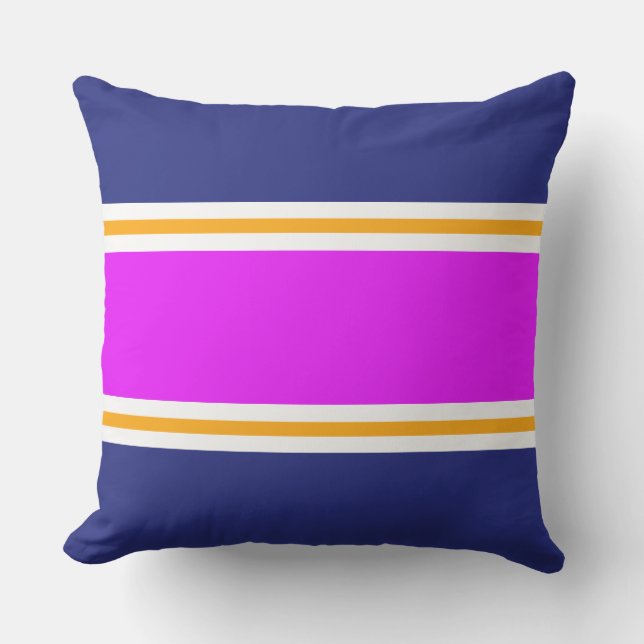 Wide Bright Pink Yellow White Navy Racing Stripes Cushion (Front)