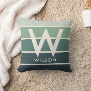 Wide Dark Green Gradient Stripe Monogram  Cushion