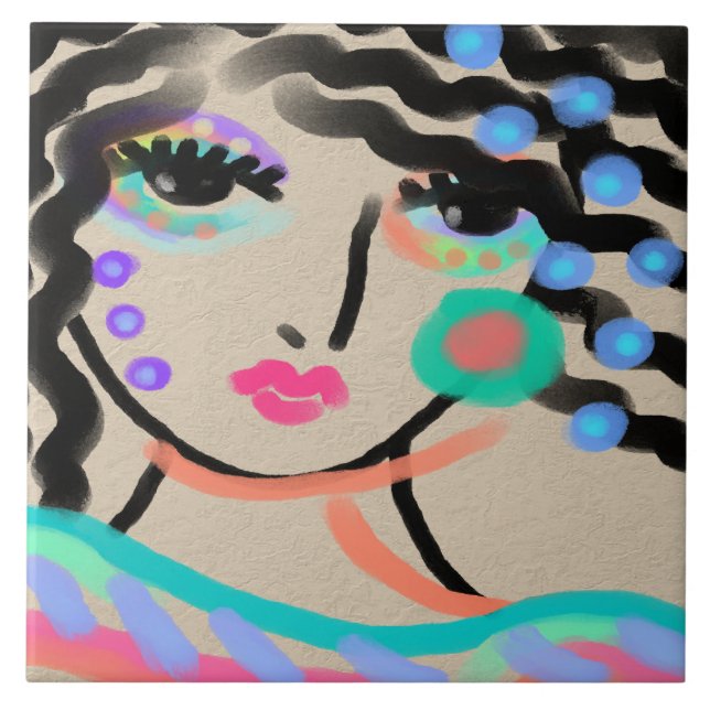 Wide Eyed Abstract Digital Portrait of a Woman Ceramic Tile (Front)